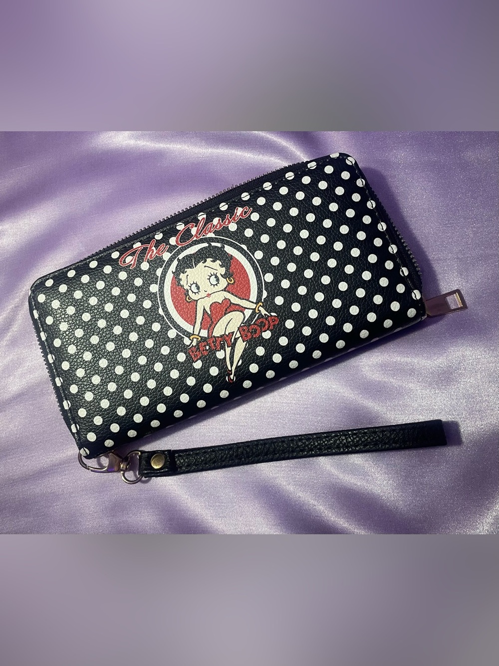 Betty Boop Polka Dot Zip Around Wristlet Wallet Leather Clutch Black